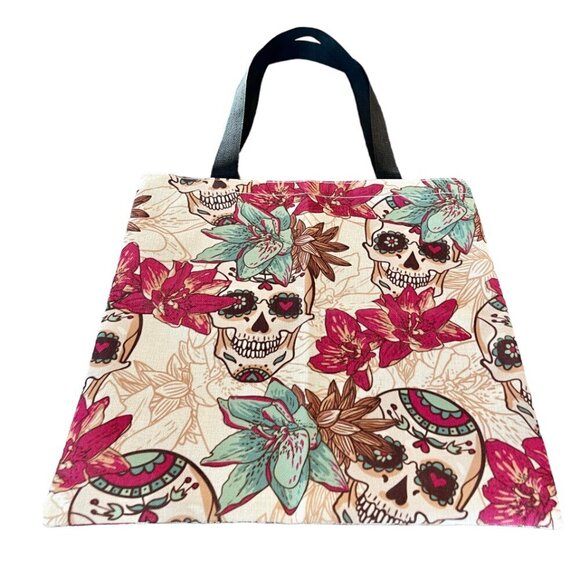 Sugar Skulls Floral Goth Painted Fabric Tote Casual Everyday Tote - Picture 2 of 5